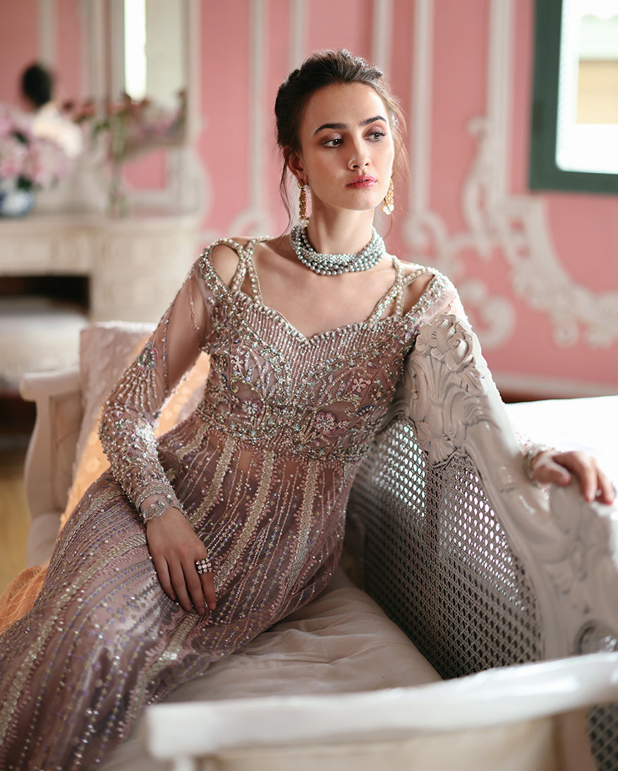 Women Wearing Dianna Pink / Lilac Long Frock with Sharara for Festive Events - Pakistani Designer Wear for Women in UK | Kifat