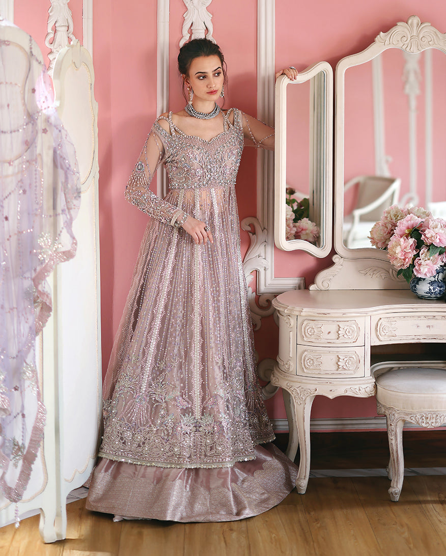 Women Wearing Dianna Pink / Lilac Long Frock with Sharara for Festive Events - Pakistani Designer Wear for Women in UK | Kifat
