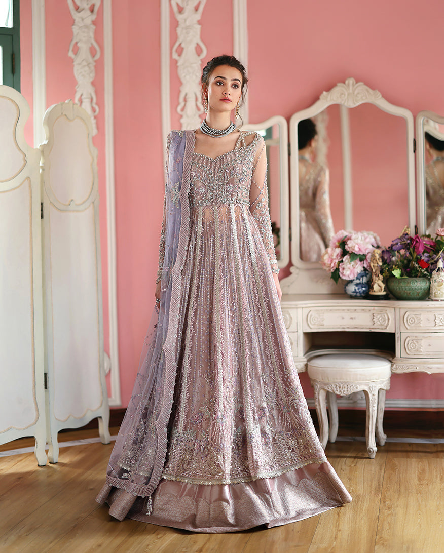 Women Wearing Dianna Pink / Lilac Long Frock with Sharara for Festive Events - Pakistani Designer Wear for Women in UK | Kifat