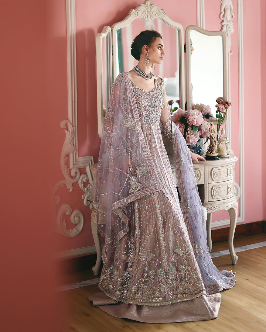 Women Wearing Dianna Pink / Lilac Long Frock with Sharara for Festive Events - Pakistani Designer Wear for Women in UK | Kifat