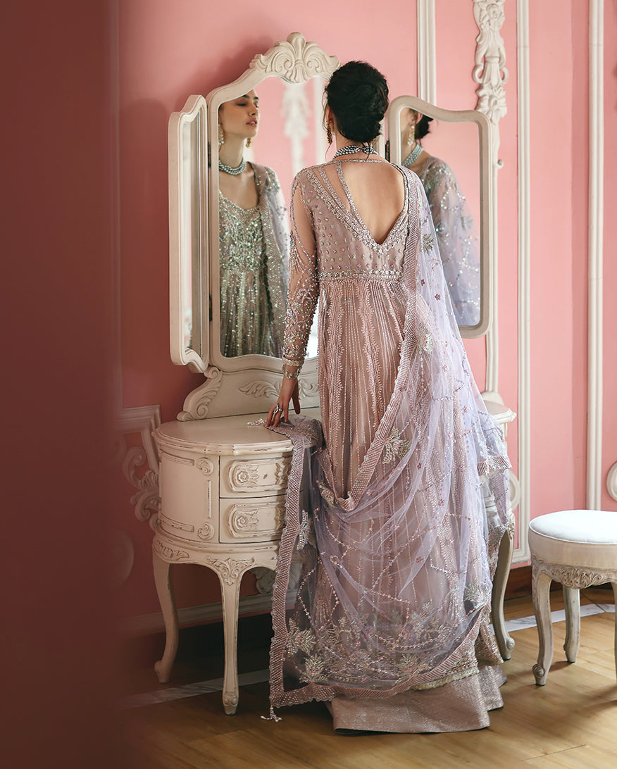 Women Wearing Dianna Pink / Lilac Long Frock with Sharara for Festive Events - Pakistani Designer Wear for Women in UK | Kifat