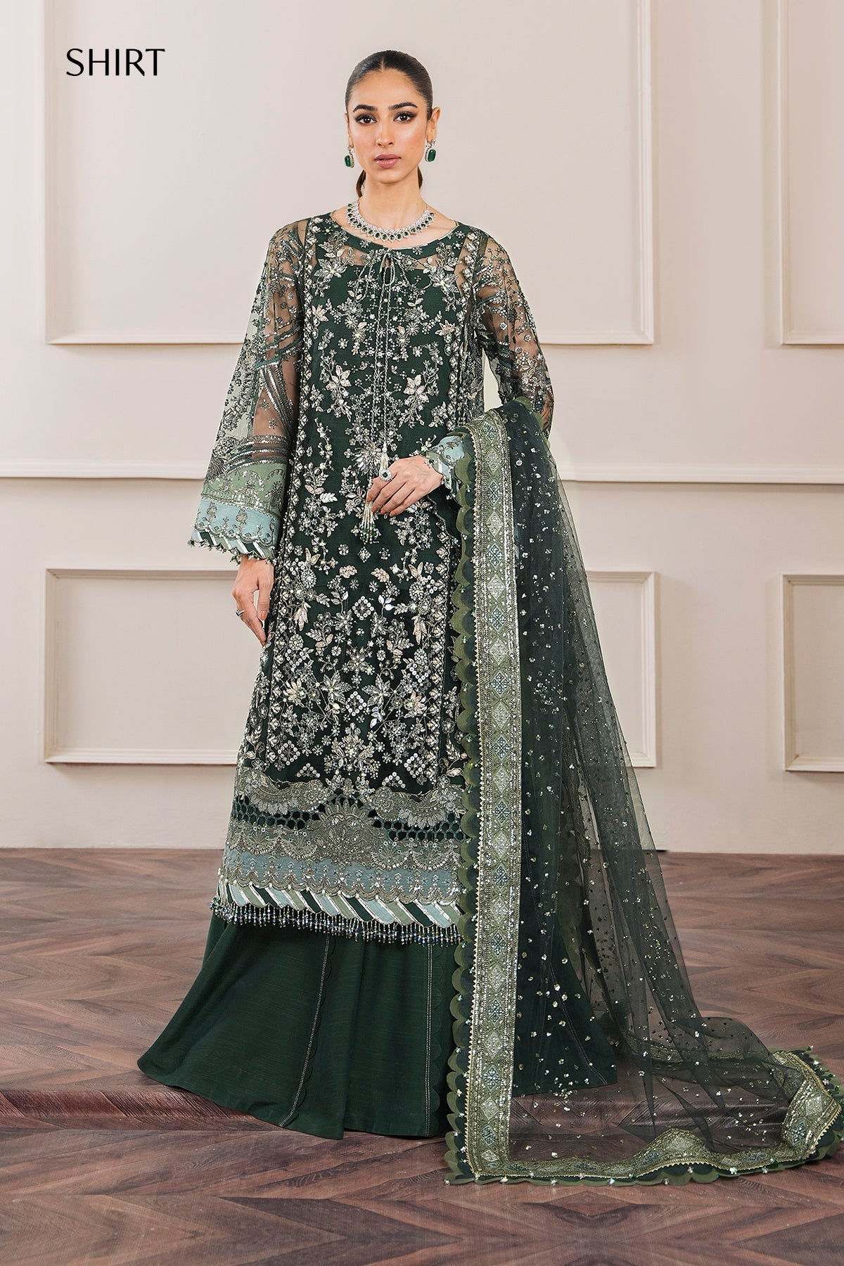 Baroque CH12-05 Green Long Shirt with Sharara,Slit Shirt with Crushed Sharara for Formal Events - Pakistani Designer Wear for Women in UK | Kifat