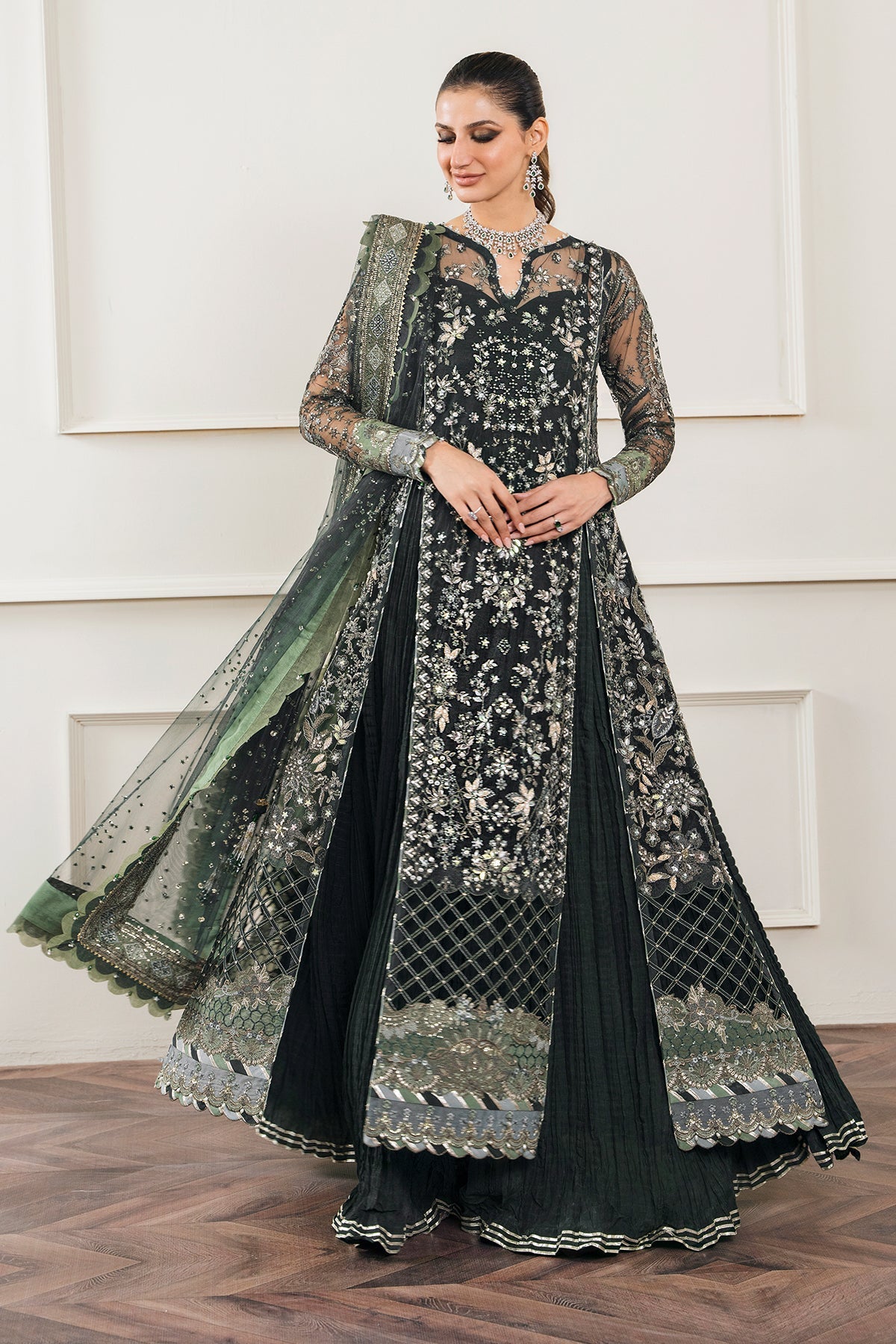 Baroque CH12-05 Green Long Shirt with Sharara,Slit Shirt with Crushed Sharara for Formal Events - Pakistani Designer Wear for Women in UK | Kifat