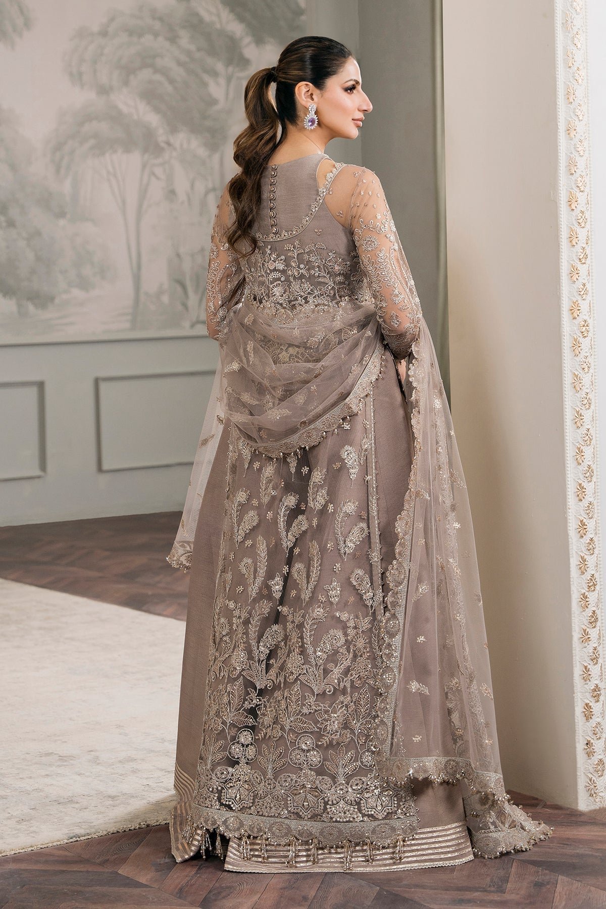 Baroque CH12-06 Beige Slit Maxi,Saree for Formal Events - Pakistani Designer Wear for Women in UK | Kifat