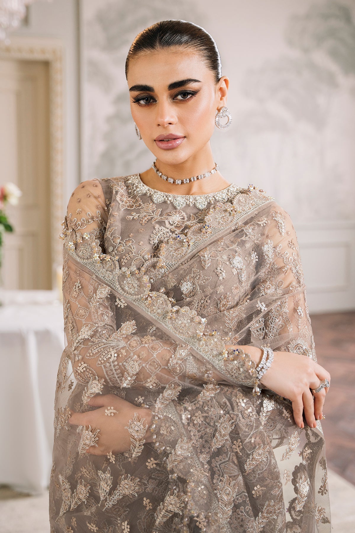 Baroque CH12-06 Beige Slit Maxi,Saree for Formal Events - Pakistani Designer Wear for Women in UK | Kifat