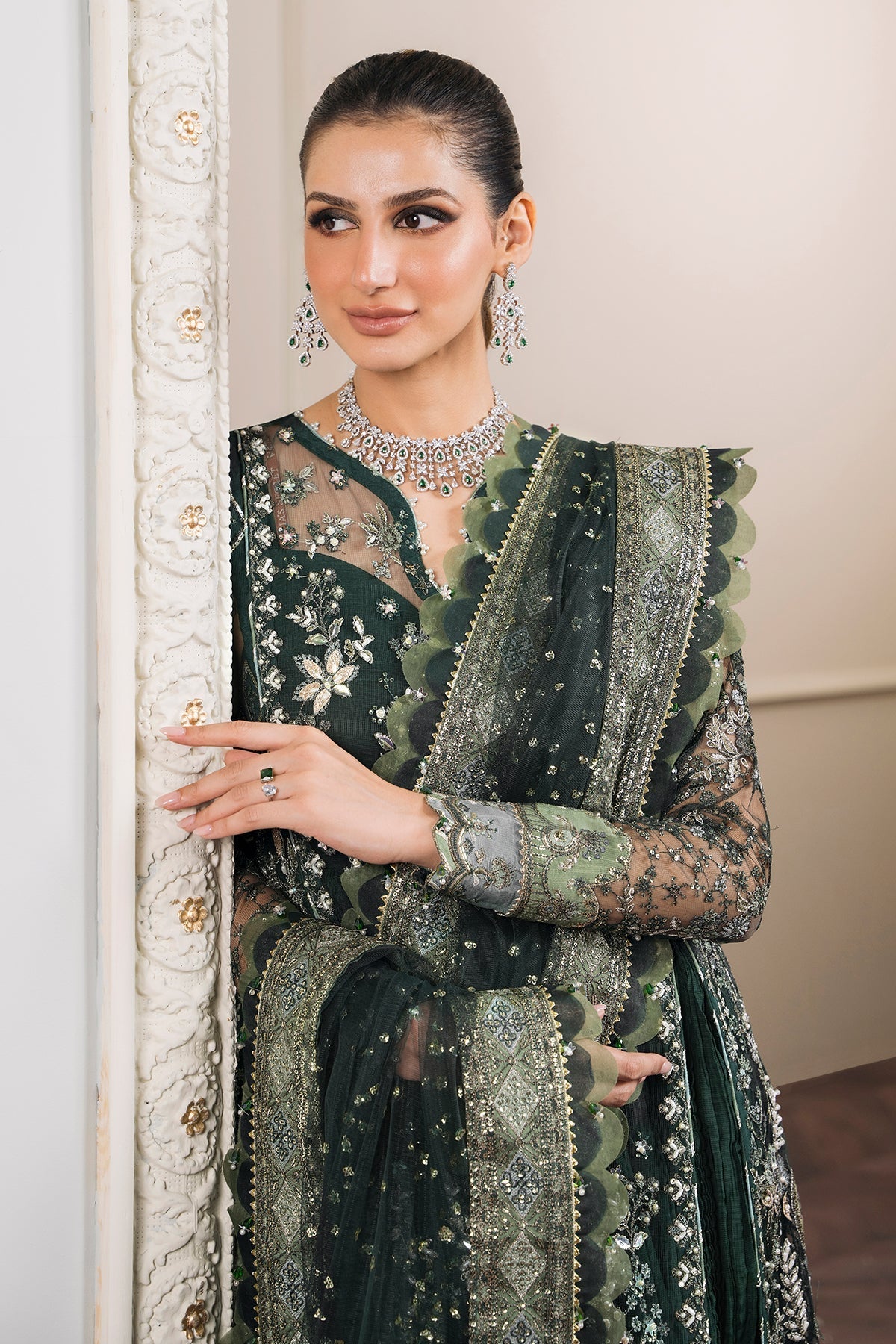 Baroque CH12-05 Green Long Shirt with Sharara,Slit Shirt with Crushed Sharara for Formal Events - Pakistani Designer Wear for Women in UK | Kifat