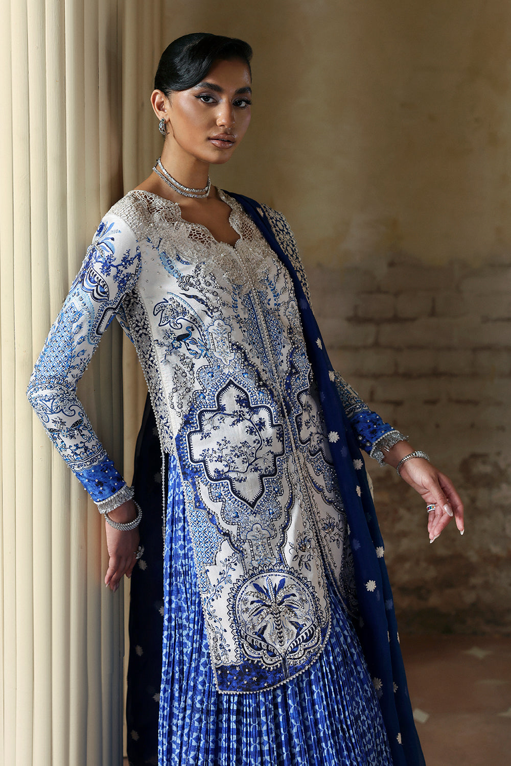 Soraya Evadia White Blue Short Shirt with Crushed Sharara for Wedding Wear, Guest of Wedding Wear - Pakistani Designer Wear for Women in UK | Kifat