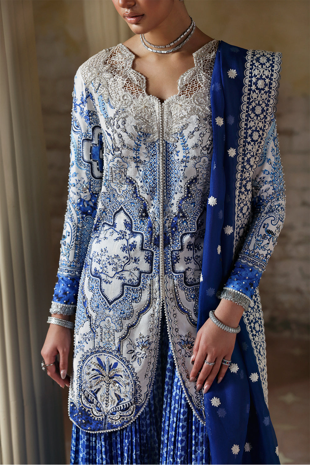 Soraya Evadia White Blue Short Shirt with Crushed Sharara for Wedding Wear, Guest of Wedding Wear - Pakistani Designer Wear for Women in UK | Kifat