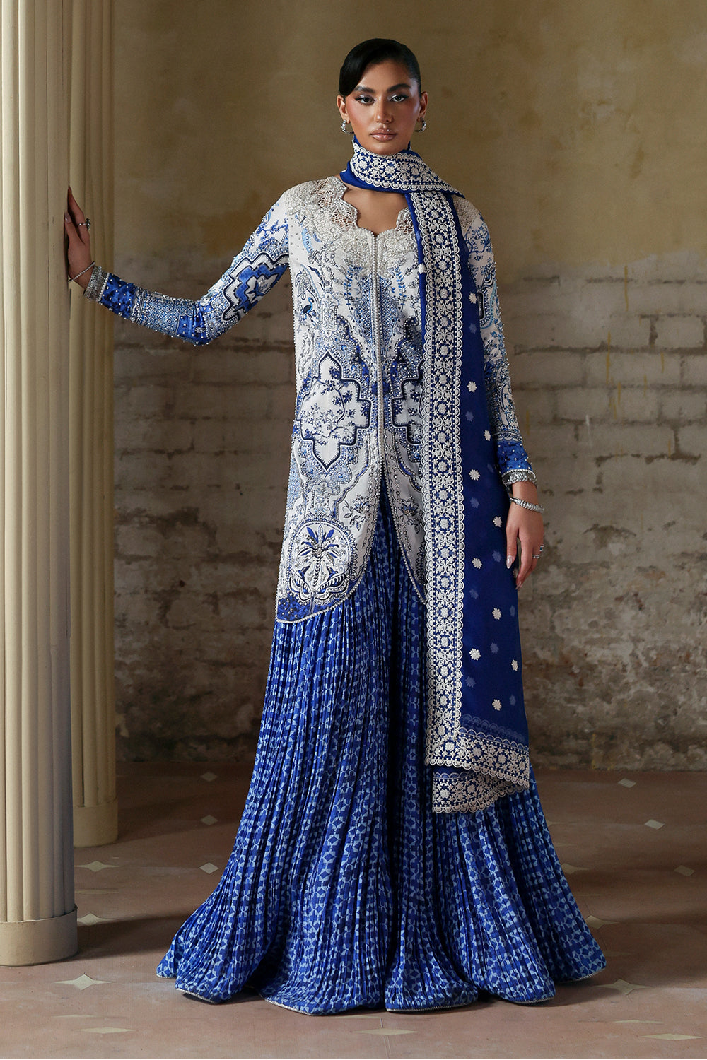 Soraya Evadia White Blue Short Shirt with Crushed Sharara for Wedding Wear, Guest of Wedding Wear - Pakistani Designer Wear for Women in UK | Kifat