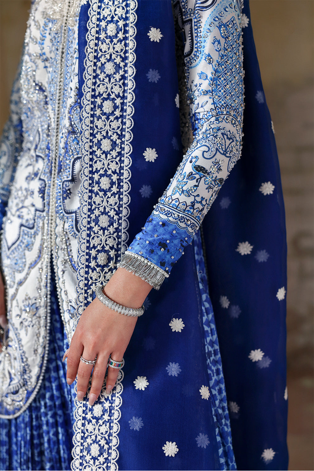 Soraya Evadia White Blue Short Shirt with Crushed Sharara for Wedding Wear, Guest of Wedding Wear - Pakistani Designer Wear for Women in UK | Kifat