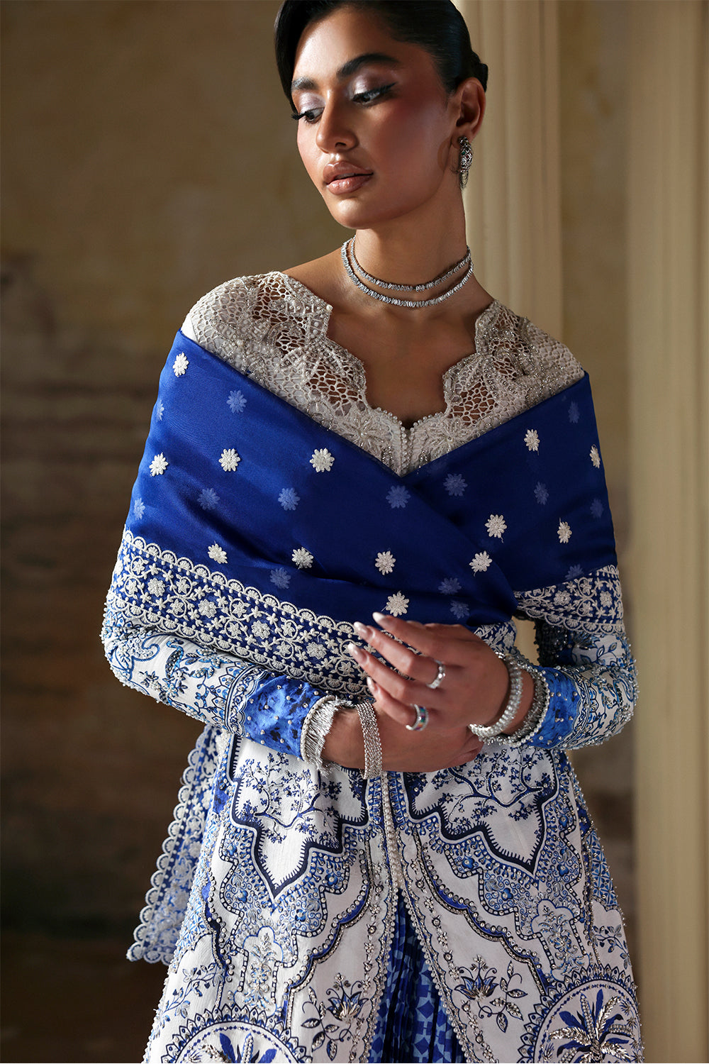 Soraya Evadia White Blue Short Shirt with Crushed Sharara for Wedding Wear, Guest of Wedding Wear - Pakistani Designer Wear for Women in UK | Kifat
