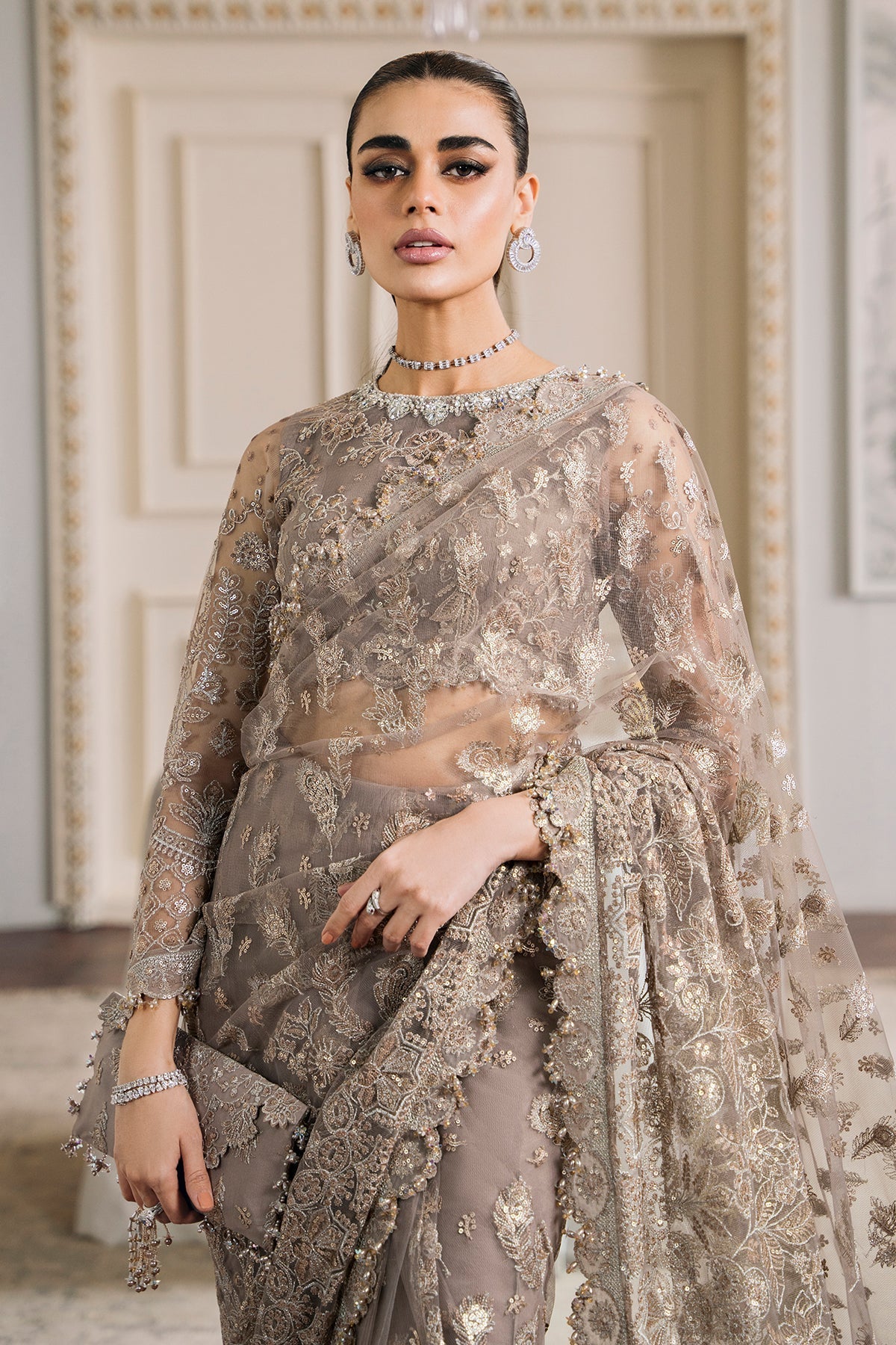 Baroque CH12-06 Beige Slit Maxi,Saree for Formal Events - Pakistani Designer Wear for Women in UK | Kifat