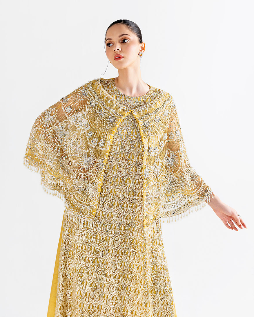 Women Wearing Flavia Gold Long Shirt for Festive Events - Pakistani Designer Wear for Women in UK | Kifat
