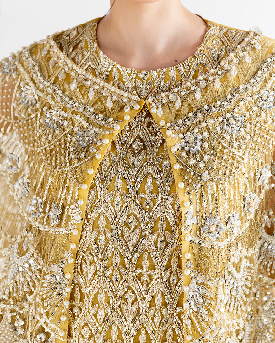 Women Wearing Flavia Gold Long Shirt for Festive Events - Pakistani Designer Wear for Women in UK | Kifat