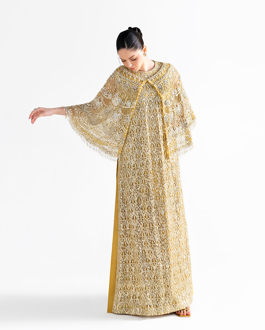 Women Wearing Flavia Gold Long Shirt for Festive Events - Pakistani Designer Wear for Women in UK | Kifat
