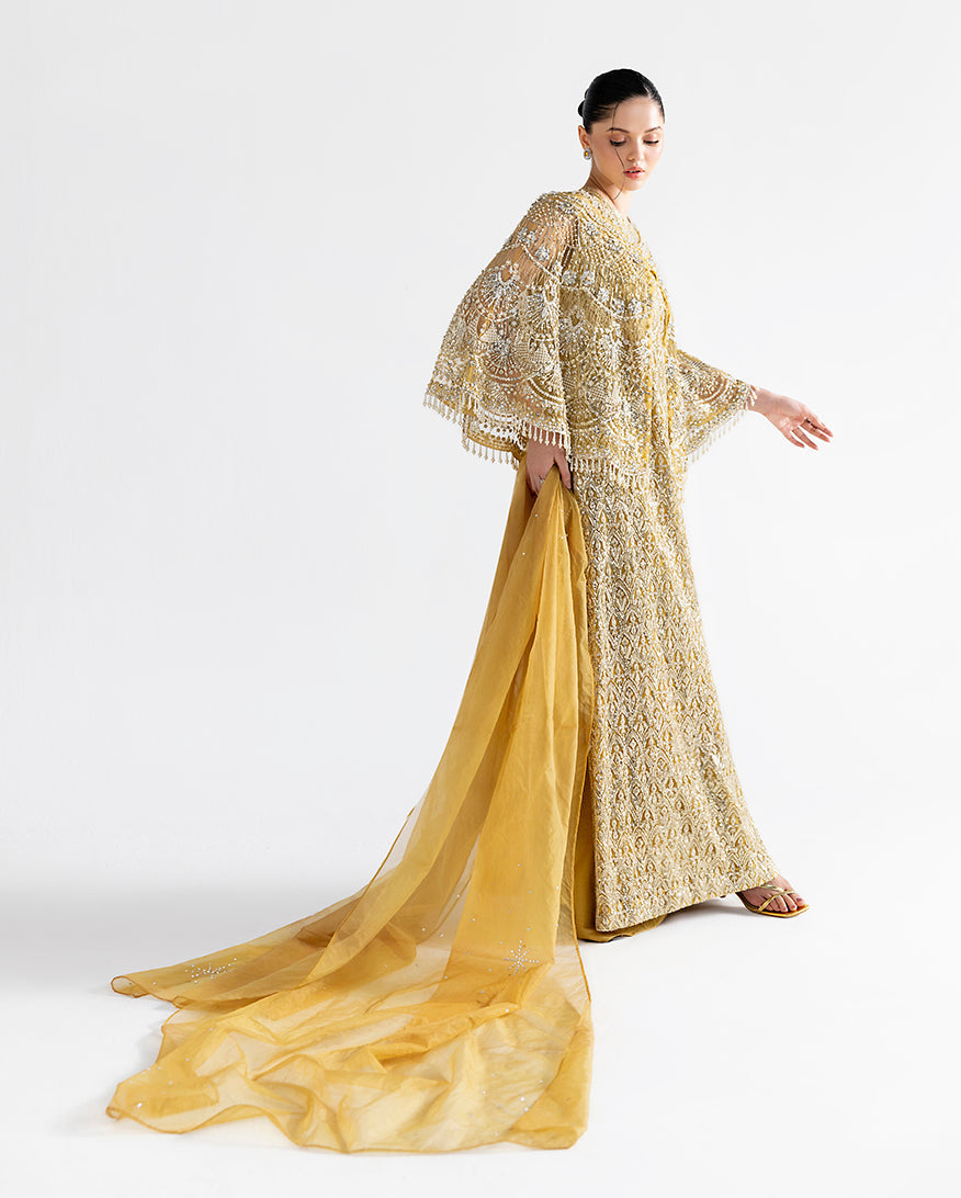 Women Wearing Flavia Gold Long Shirt for Festive Events - Pakistani Designer Wear for Women in UK | Kifat
