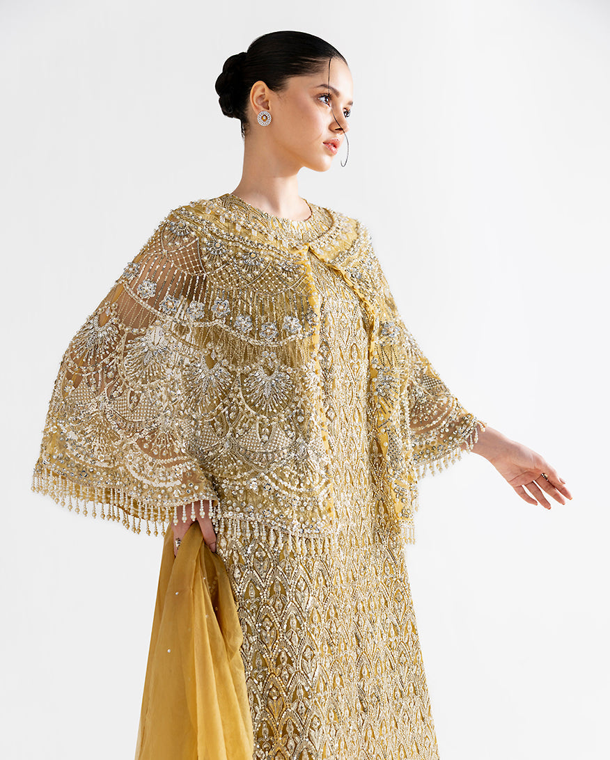 Women Wearing Flavia Gold Long Shirt for Festive Events - Pakistani Designer Wear for Women in UK | Kifat
