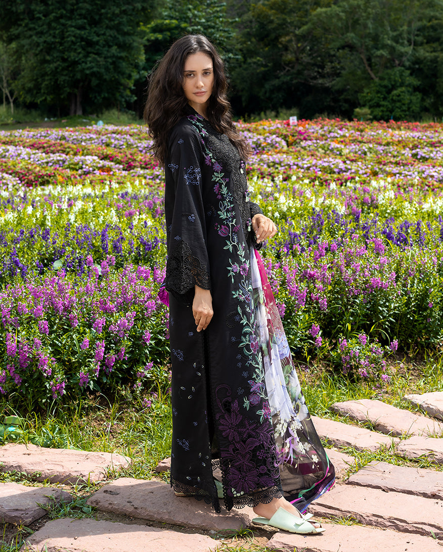 Women Wearing Garden Lullaby Black Long Shirt for Festive Events - Pakistani Designer Wear for Women in UK | Kifat