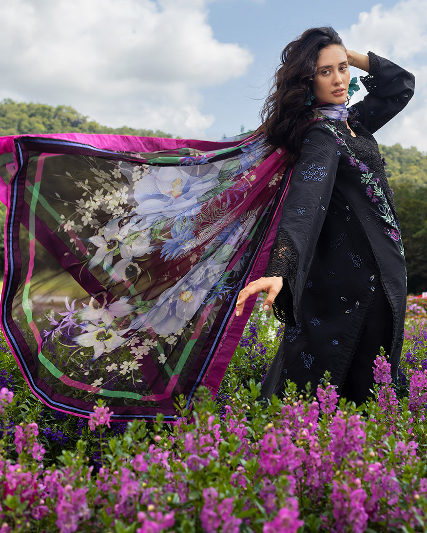 Women Wearing Garden Lullaby Black Long Shirt for Festive Events - Pakistani Designer Wear for Women in UK | Kifat