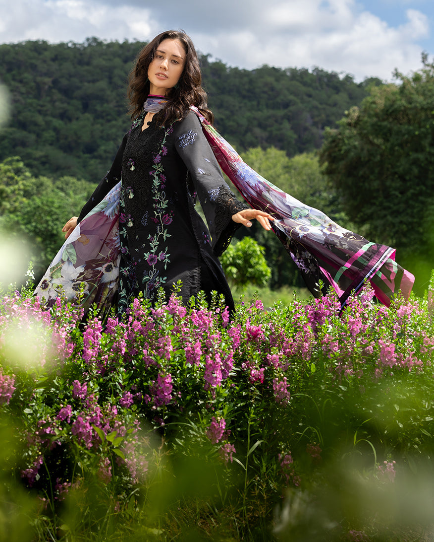 Women Wearing Garden Lullaby Black Long Shirt for Festive Events - Pakistani Designer Wear for Women in UK | Kifat