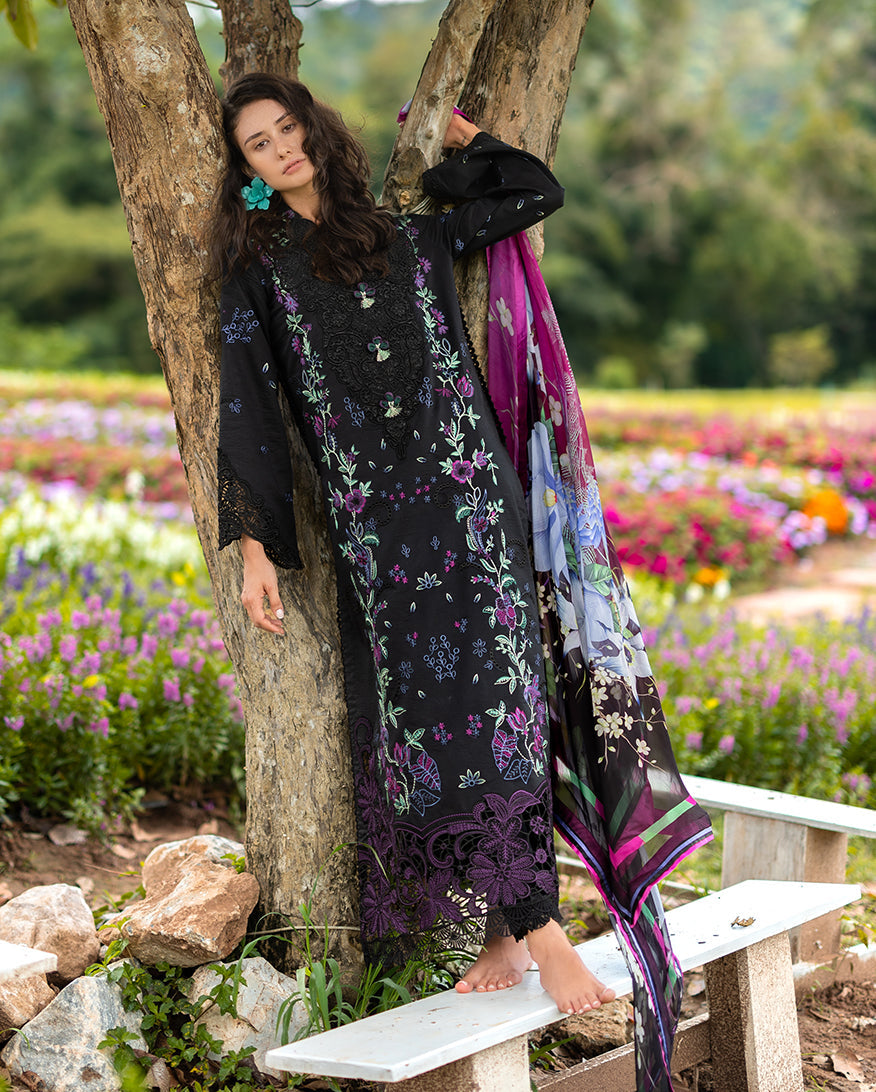 Women Wearing Garden Lullaby Black Long Shirt for Festive Events - Pakistani Designer Wear for Women in UK | Kifat