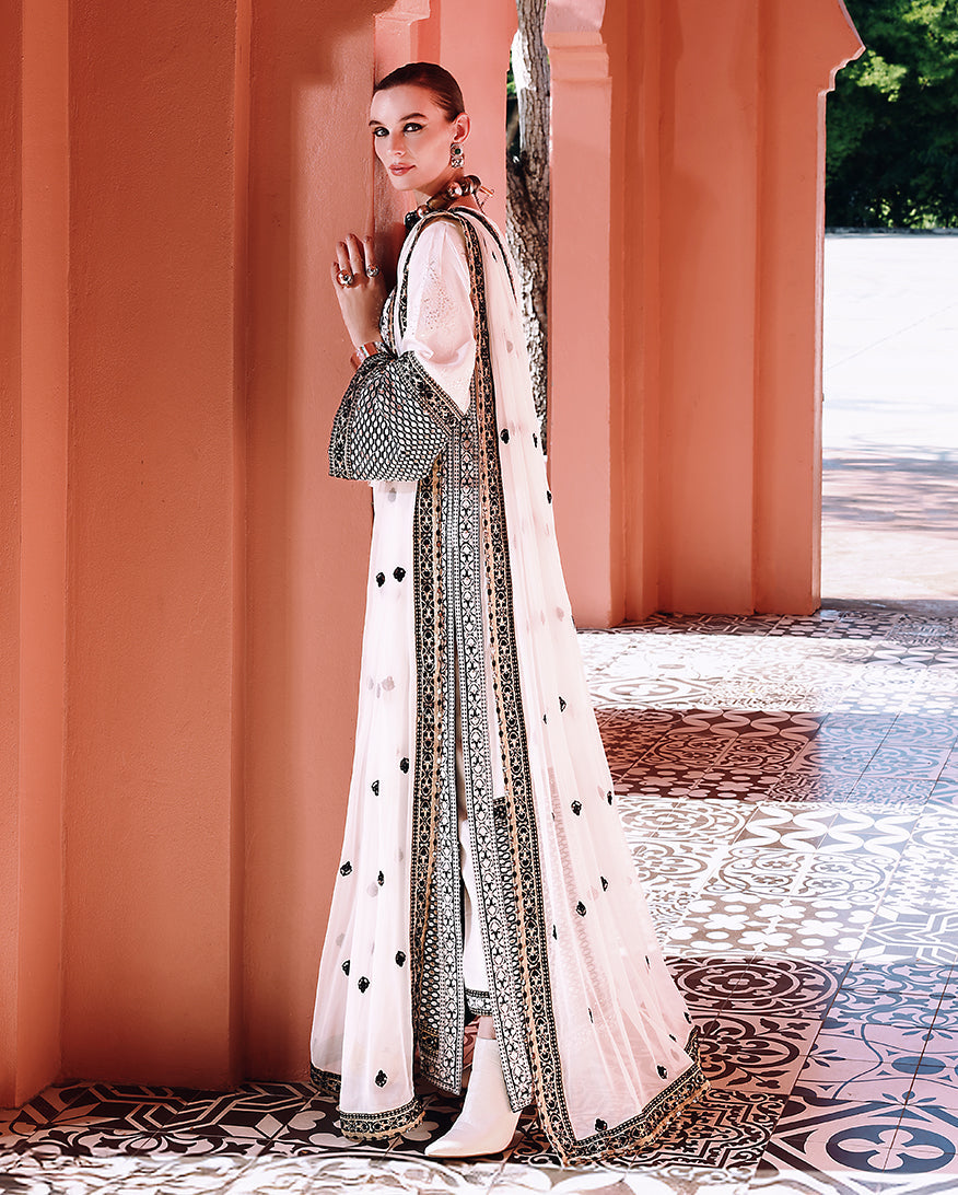 Women Wearing Gillian White Long Shirt for Festive Events - Pakistani Designer Wear for Women in UK | Kifat