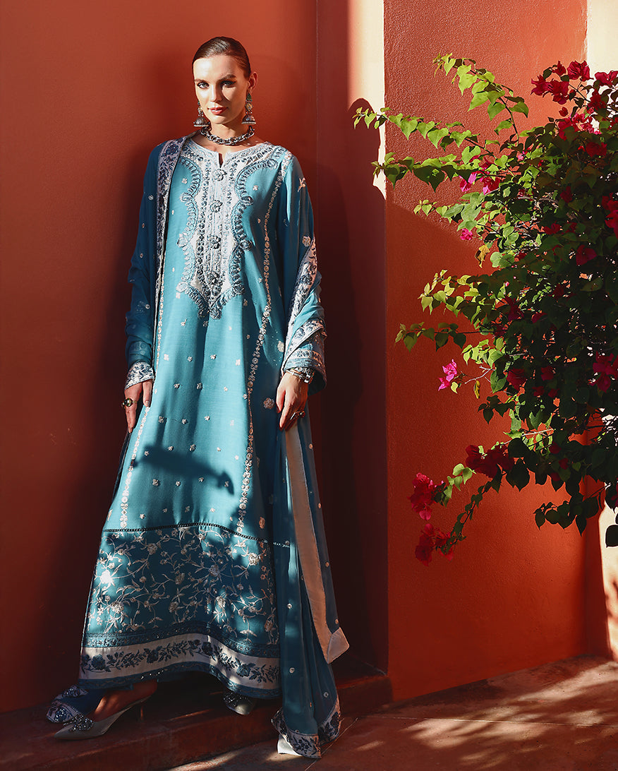 Women Wearing Glinda Blue Long Shirt for Festive Events - Pakistani Designer Wear for Women in UK | Kifat