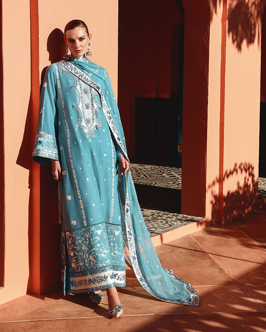 Women Wearing Glinda Blue Long Shirt for Festive Events - Pakistani Designer Wear for Women in UK | Kifat