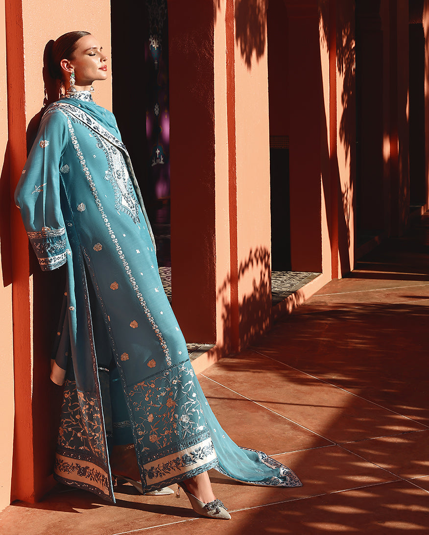 Women Wearing Glinda Blue Long Shirt for Festive Events - Pakistani Designer Wear for Women in UK | Kifat