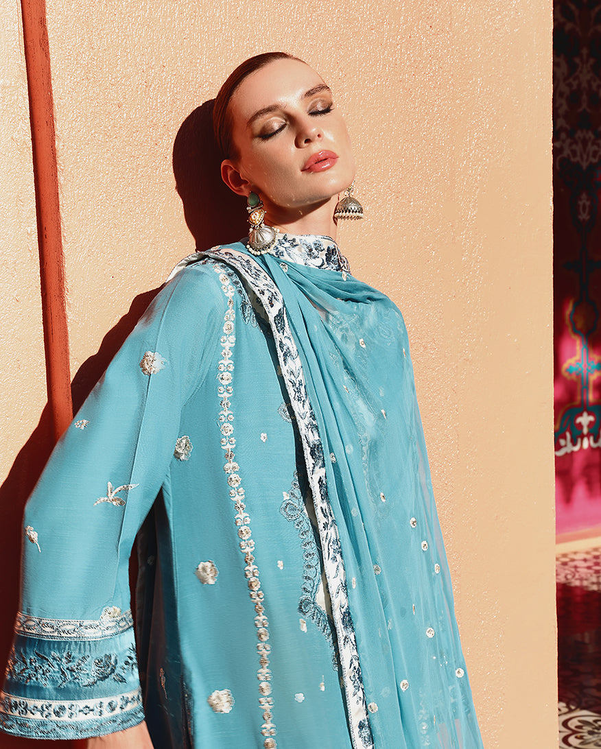 Women Wearing Glinda Blue Long Shirt for Festive Events - Pakistani Designer Wear for Women in UK | Kifat