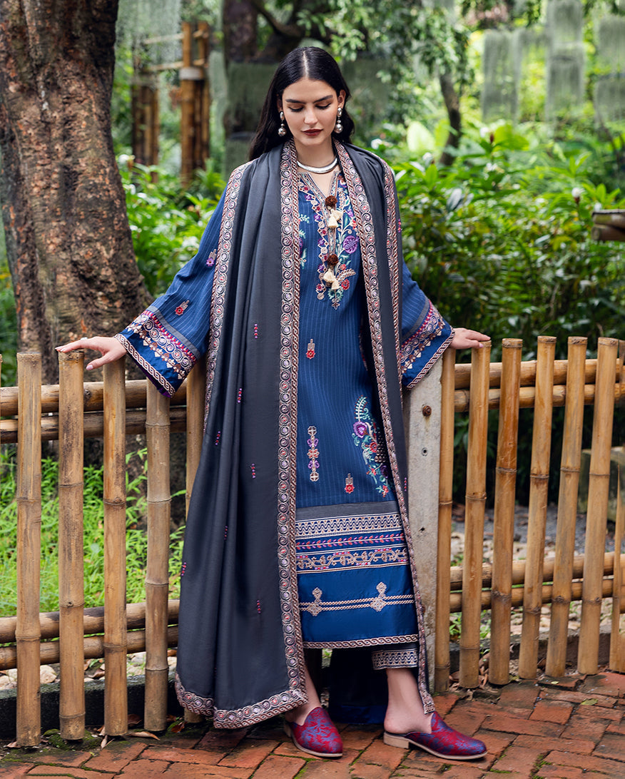 Women Wearing Granite Song Blue Long Shirt for Luxury Events - Pakistani Designer Wear for Women in UK | Kifat