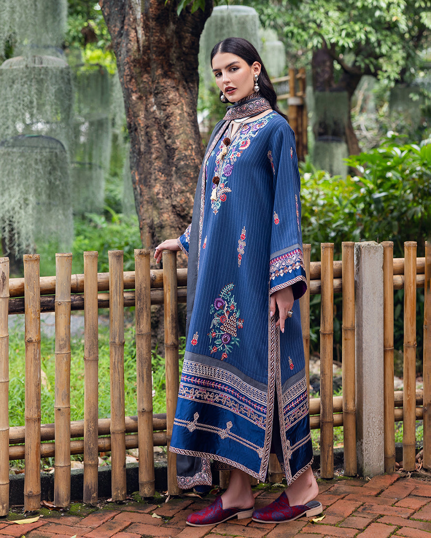Women Wearing Granite Song Blue Long Shirt for Luxury Events - Pakistani Designer Wear for Women in UK | Kifat