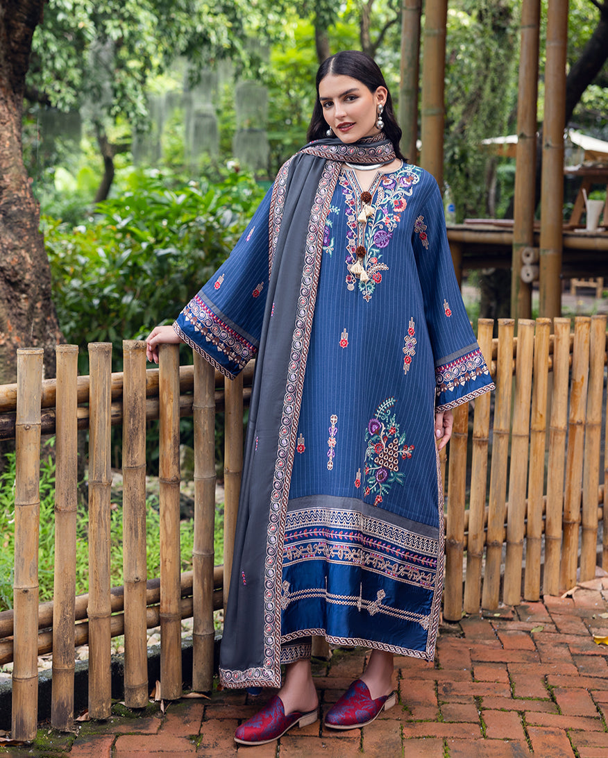 Women Wearing Granite Song Blue Long Shirt for Luxury Events - Pakistani Designer Wear for Women in UK | Kifat