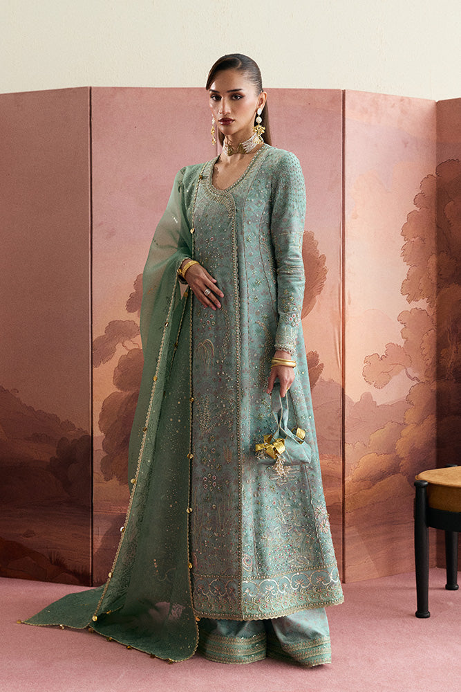 Model Wearing Suffuse by Sana Yasir LISHA Sage Green Angrakha with aazar pants for Wedding Wear - Pakistani Designer wear for Women in UK | Kifat