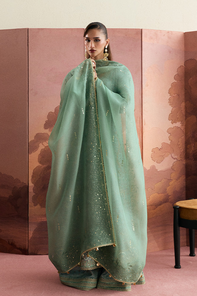 Model Wearing Suffuse by Sana Yasir LISHA Sage Green Angrakha with aazar pants for Wedding Wear - Pakistani Designer wear for Women in UK | Kifat