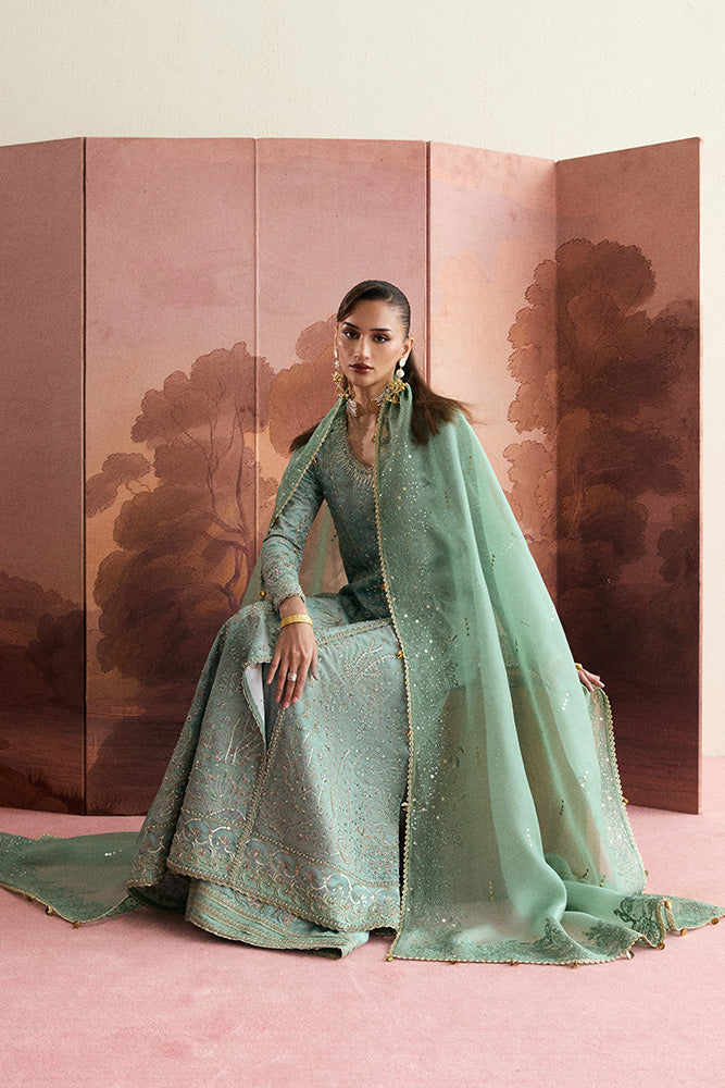 Model Wearing Suffuse by Sana Yasir LISHA Sage Green Angrakha with aazar pants for Wedding Wear - Pakistani Designer wear for Women in UK | Kifat