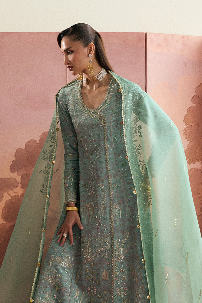 Model Wearing Suffuse by Sana Yasir LISHA Sage Green Angrakha with aazar pants for Wedding Wear - Pakistani Designer wear for Women in UK | Kifat
