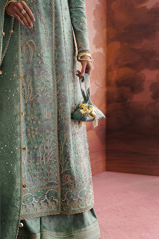 Model Wearing Suffuse by Sana Yasir LISHA Sage Green Angrakha with aazar pants for Wedding Wear - Pakistani Designer wear for Women in UK | Kifat