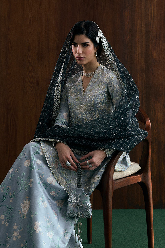 Model Wearing Suffuse by Sana Yasir EVIA Mercury Grey Peplum with Sharara Pants for Wedding Wear - Pakistani Designer wear for Women in UK | Kifat