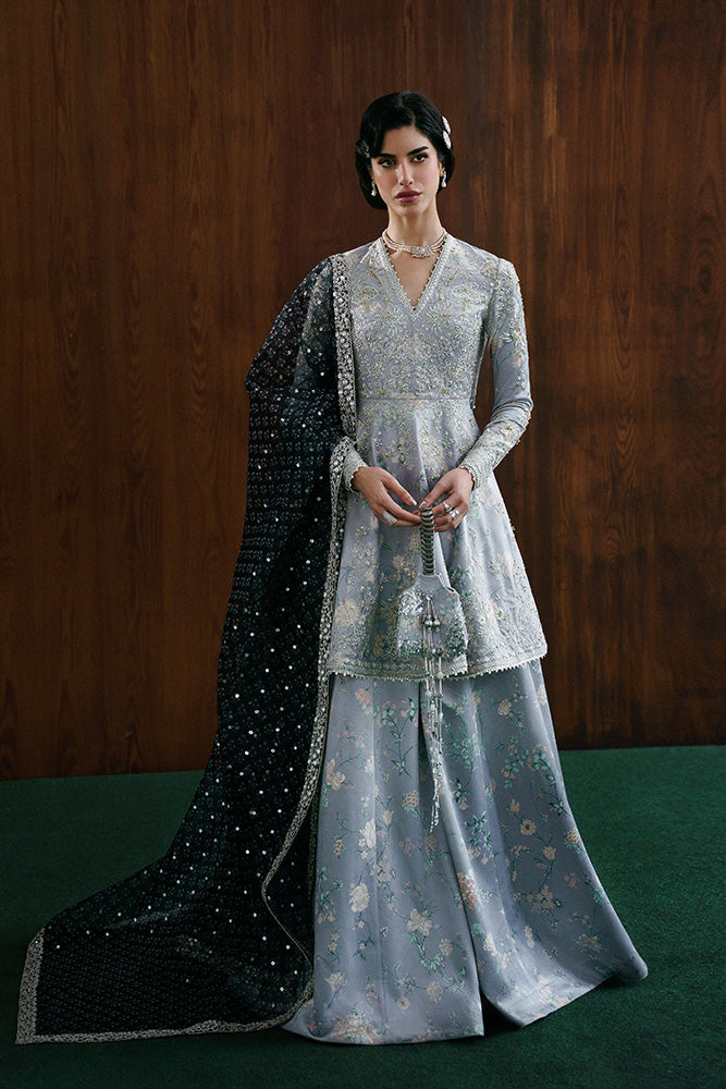 Model Wearing Suffuse by Sana Yasir EVIA Mercury Grey Peplum with Sharara Pants for Wedding Wear - Pakistani Designer wear for Women in UK | Kifat