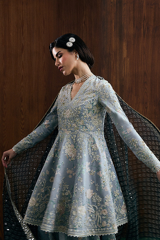 Model Wearing Suffuse by Sana Yasir EVIA Mercury Grey Peplum with Sharara Pants for Wedding Wear - Pakistani Designer wear for Women in UK | Kifat
