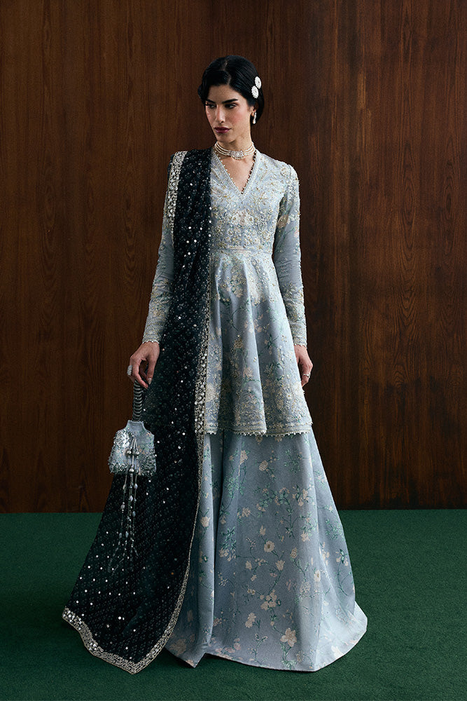 Model Wearing Suffuse by Sana Yasir EVIA Mercury Grey Peplum with Sharara Pants for Wedding Wear - Pakistani Designer wear for Women in UK | Kifat