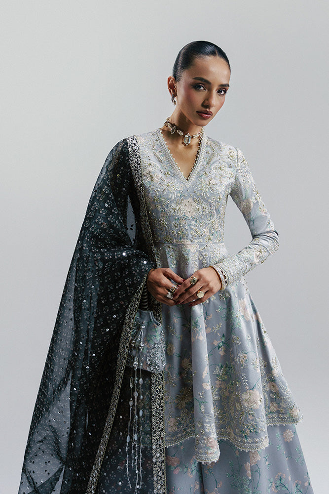 Model Wearing Suffuse by Sana Yasir EVIA Mercury Grey Peplum with Sharara Pants for Wedding Wear - Pakistani Designer wear for Women in UK | Kifat