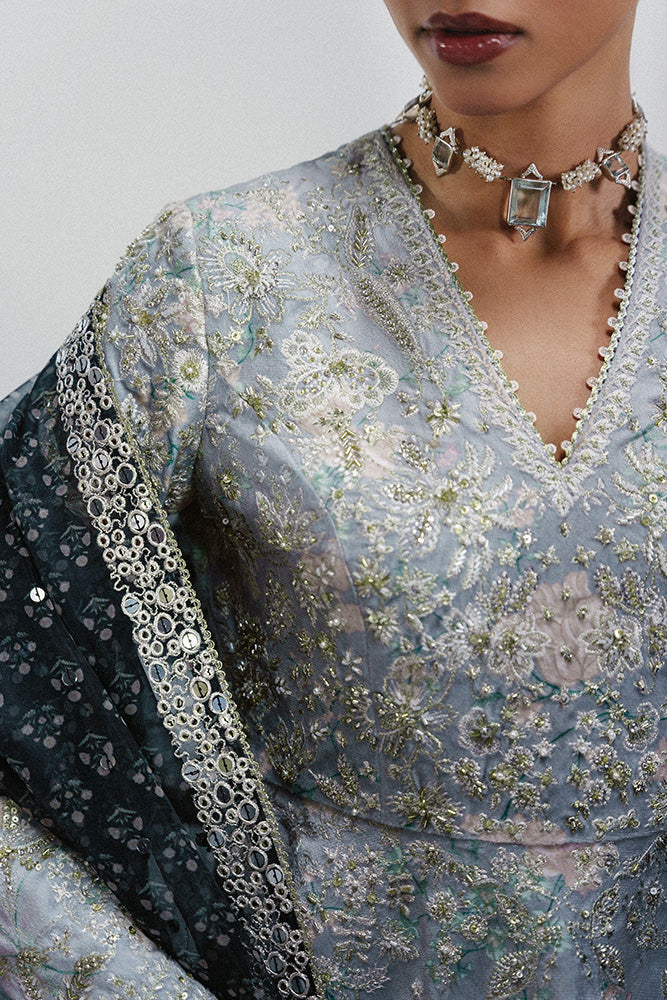 Model Wearing Suffuse by Sana Yasir EVIA Mercury Grey Peplum with Sharara Pants for Wedding Wear - Pakistani Designer wear for Women in UK | Kifat