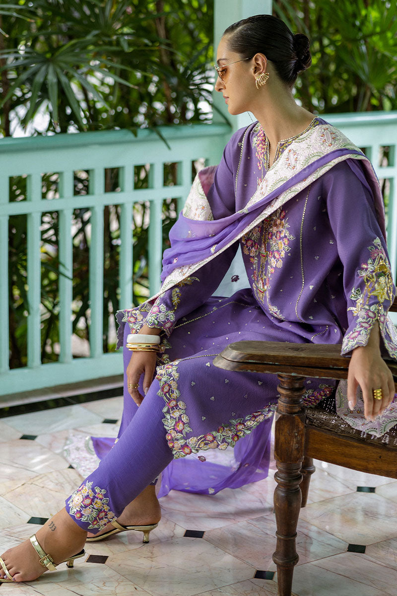 Women Wearing Elaris Wisteria Purple Long Shirt for Festive Events - Pakistani Designer Wear for Women in UK | Kifat