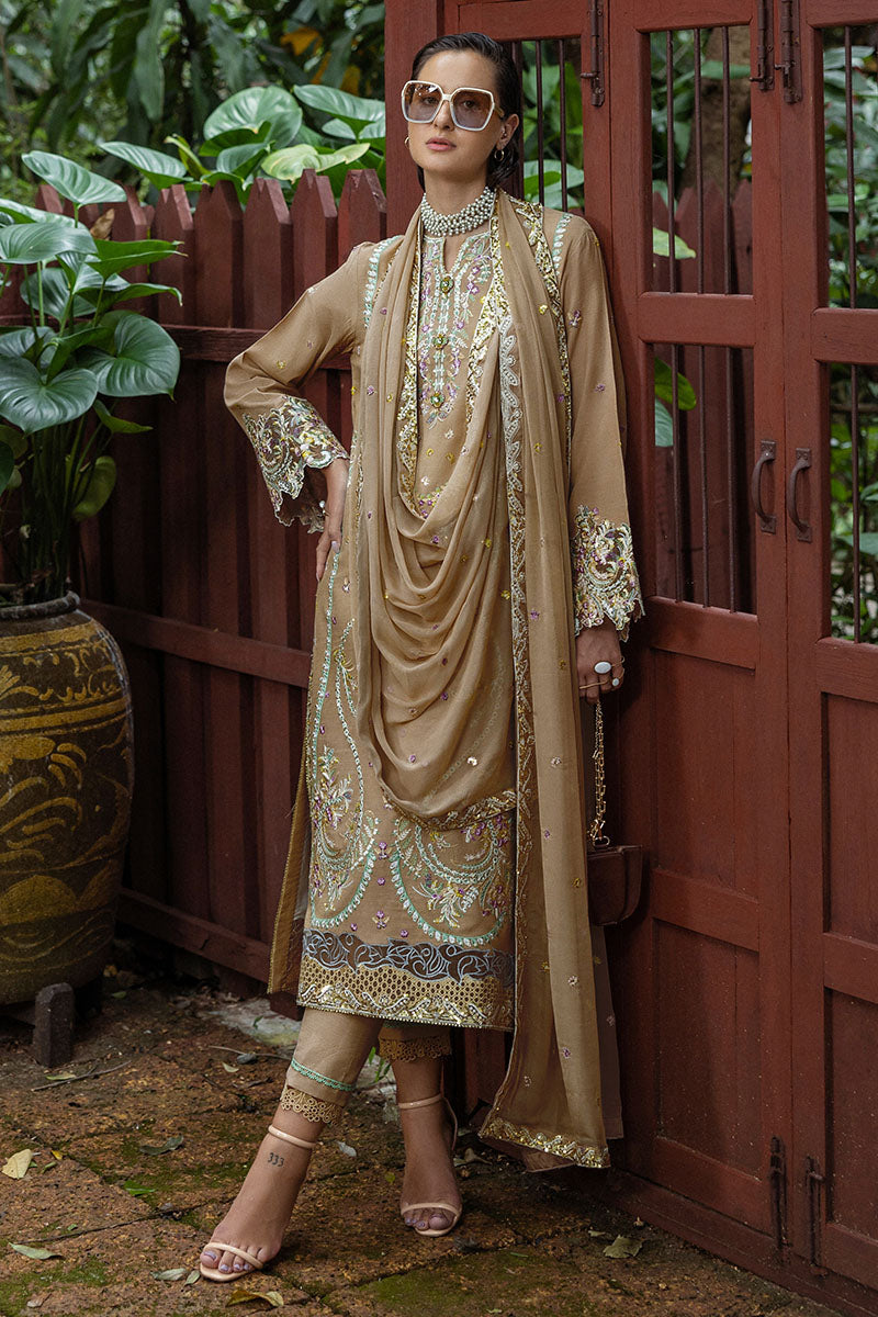 Women Wearing Ardena Beige Long Shirt for Festive Events - Pakistani Designer Wear for Women in UK | Kifat
