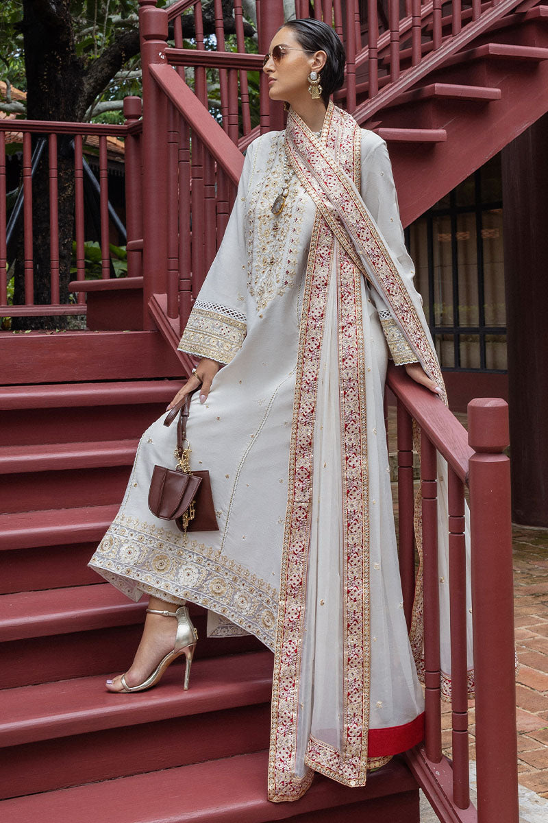 Women Wearing Elnaz Off White Long Shirt for Festive Events - Pakistani Designer Wear for Women in UK | Kifat