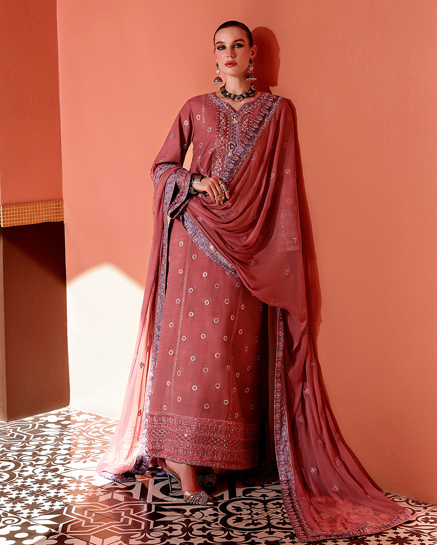 Women Wearing Hermione Tea Pink Long Shirt for Festive Events - Pakistani Designer Wear for Women in UK | Kifat