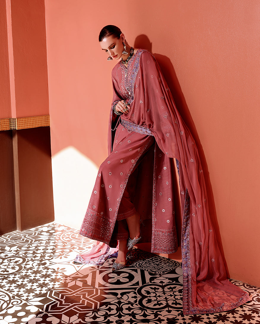 Women Wearing Hermione Tea Pink Long Shirt for Festive Events - Pakistani Designer Wear for Women in UK | Kifat