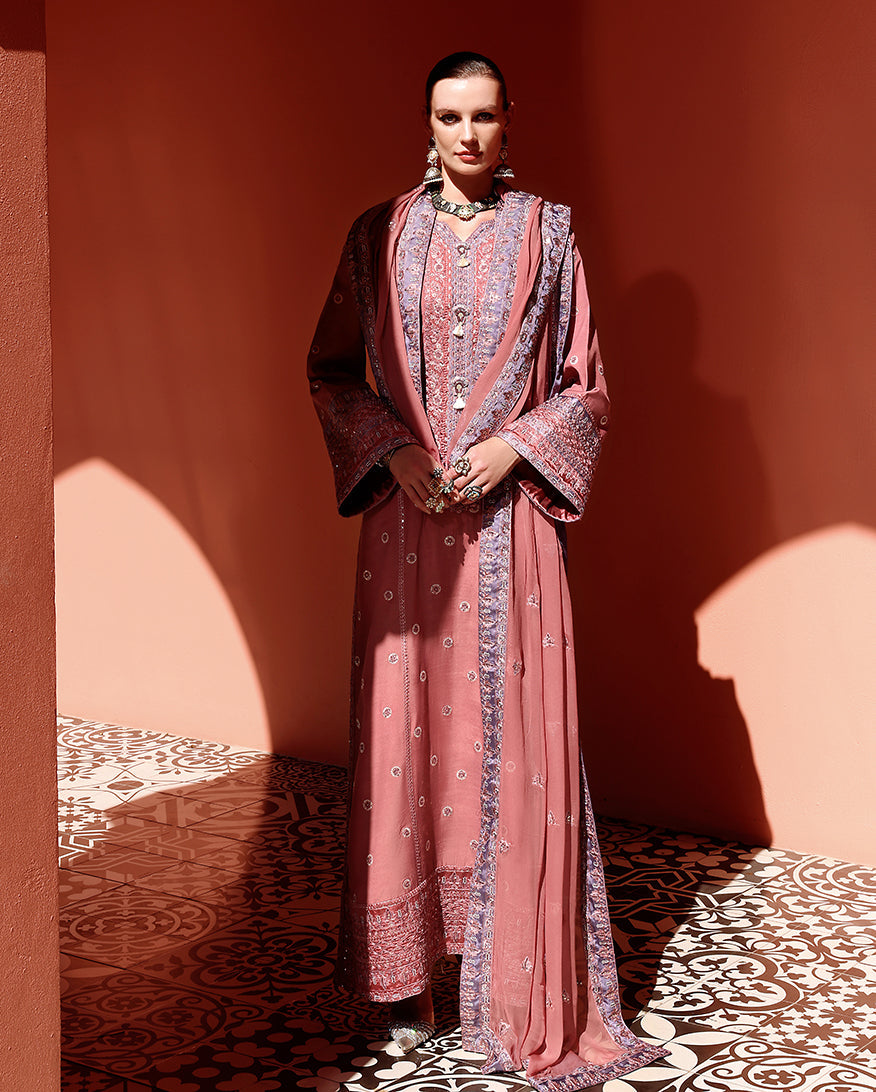 Women Wearing Hermione Tea Pink Long Shirt for Festive Events - Pakistani Designer Wear for Women in UK | Kifat